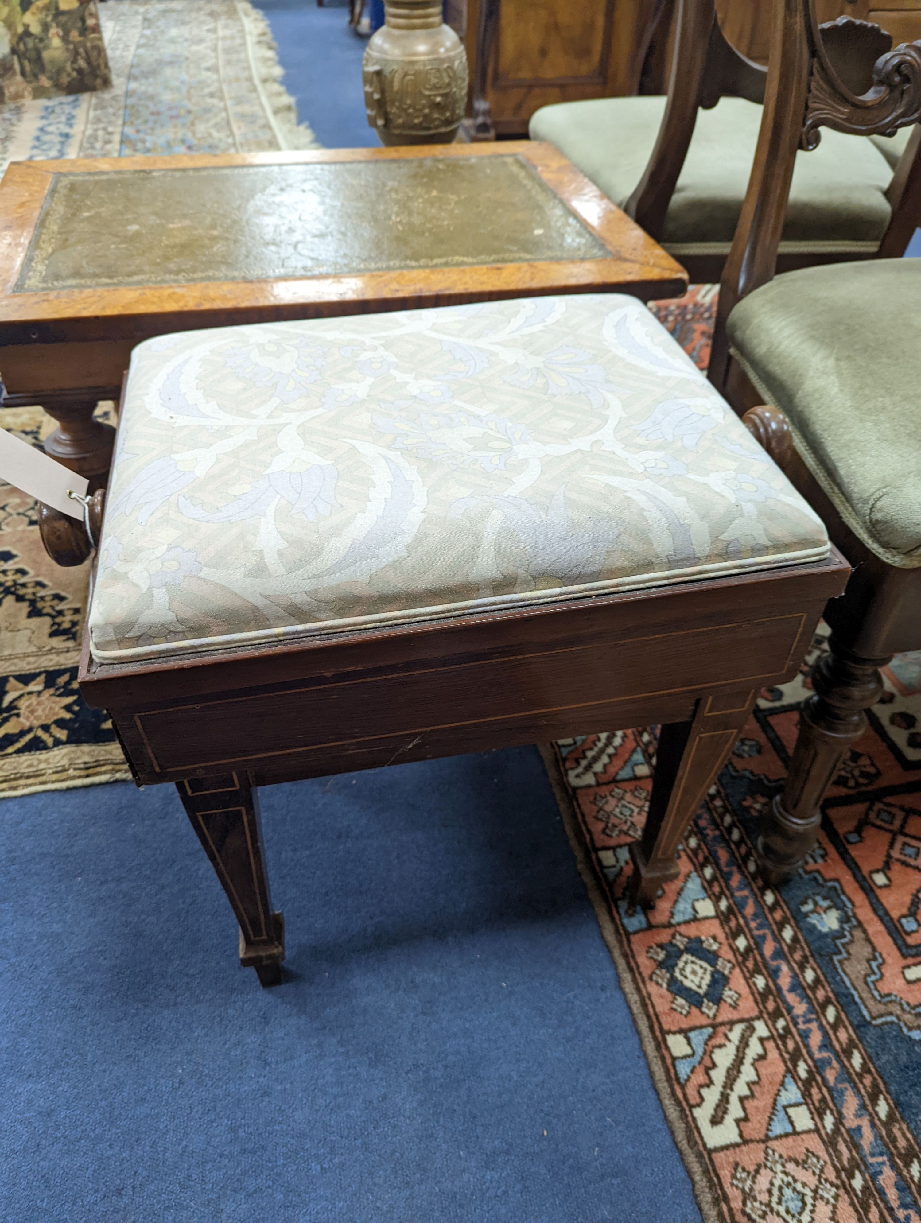 An Edwardian inlaid rosewood piano stool